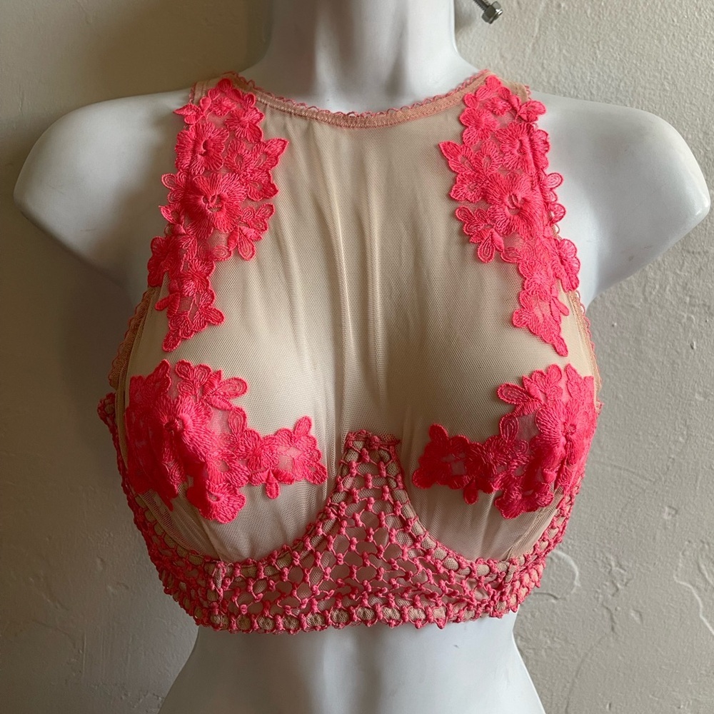 Victoria's Secret Sheer Nude Mesh Bralette with Coral Pink Lace